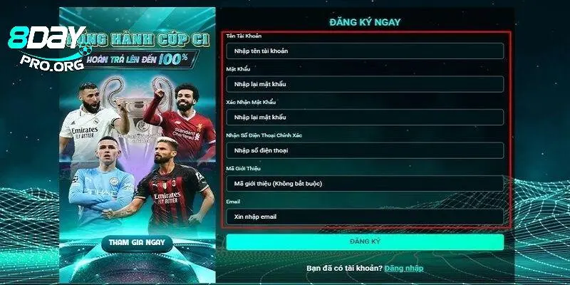 Đăng ký 8day để an tâm trải nghiệm tại nhà cái uy tín số 1